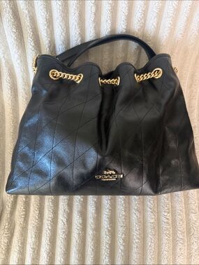 Evelyn Coach Black Quilted Leather Shoulder Bag with Gold hardware